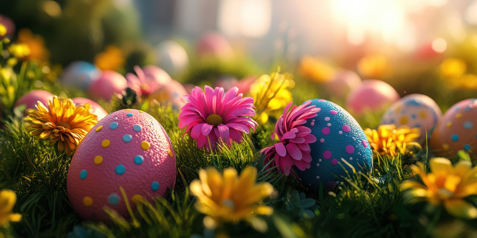 Colorful Easter eggs and blooming flowers create a joyful spring atmosphere in a sunny garden